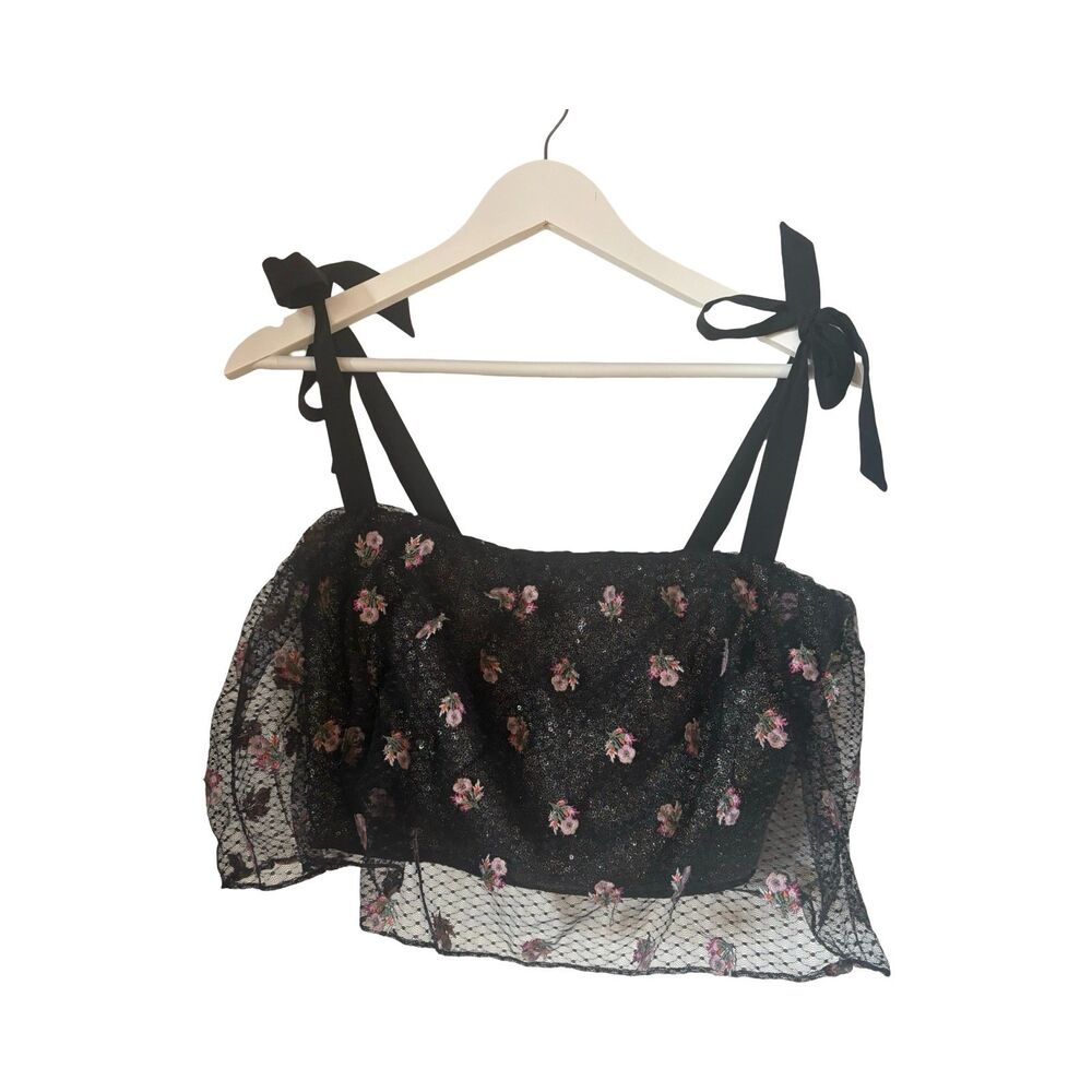 Saloni NWT Jemi Layered Mesh Crop Top Black Pink Floral Sparkle Tie Strap Sz 6